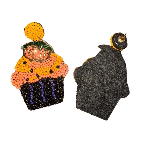 Halloween Pumpkin Cupcake Beaded Earrings/Holiday Earrings/Statement Earrings - Picture 2 of 2